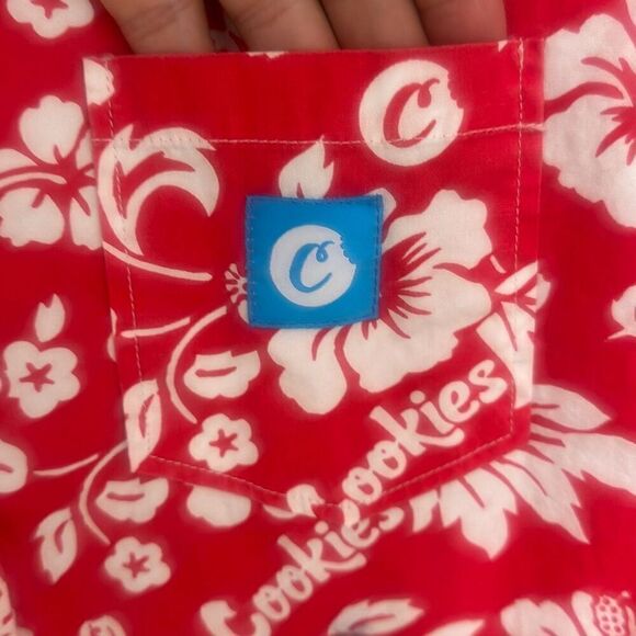 Cookies Mens Red Collared‎ Short Sleeve Cotton Hawaiian Button Up Shirt Large - Picture 2 of 7